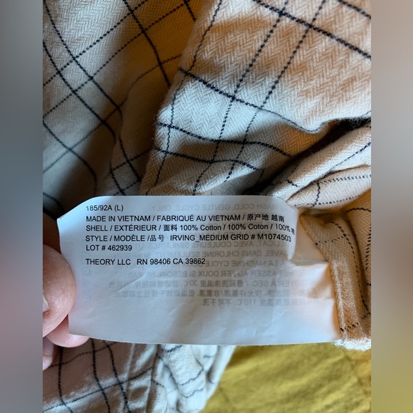 Men’s, Theory L-Sleeve Grid Pattern Shirt, Cream with Navy Stripe, Size L - Picture 7 of 7